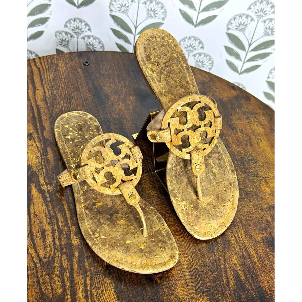 Tory Burch Miller Cork Gold Fleck Logo Thong Flat Sandals Neutral 10M Classic